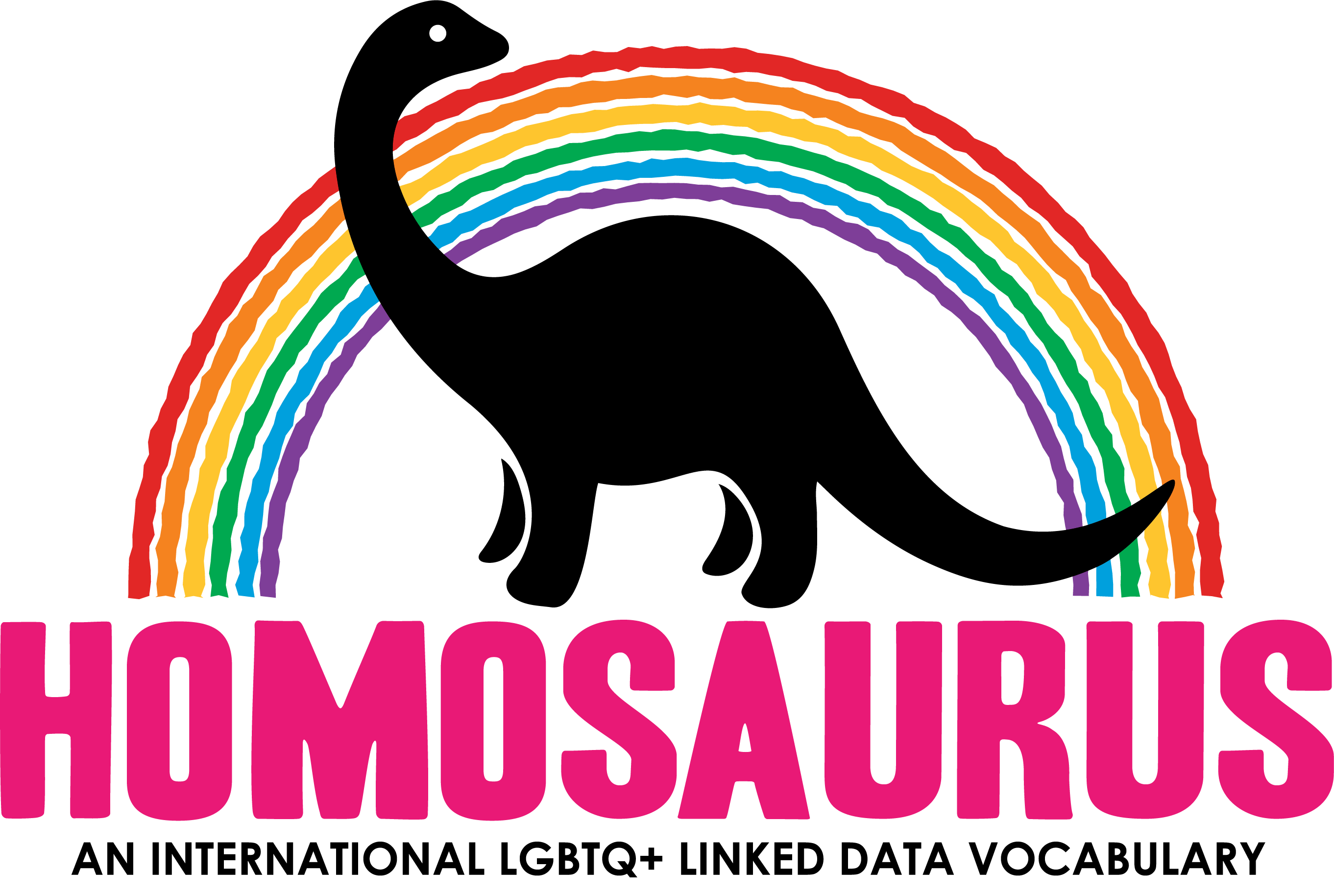 Homosaurus.org logo -- a black cartoon dinosaur in front of a rainbow. Text reads "An International LGBTQ+ Linked Data Vocabulary.